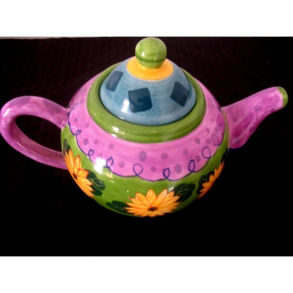 VTG Milson & Louis Hand Painted Ceramic Teapot Floral Design Green/Lavender/Blue - Picture 2 of 6